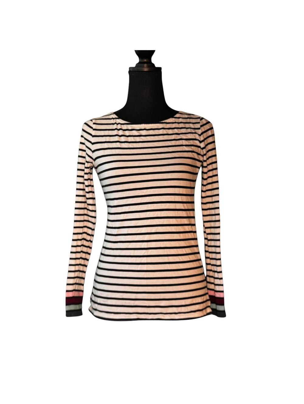 Boden White/Black Stripe Long Sleeve Top Pink Contrast Cuffs
